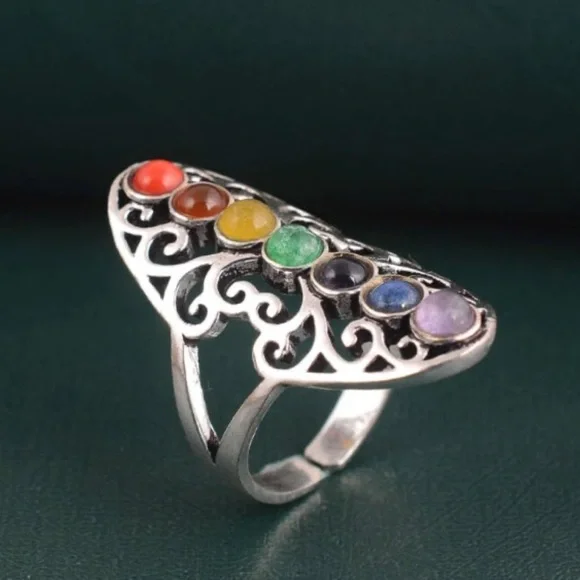 Multi-Gemstone Silver Tone Chakra Ring - Picture 3 of 7